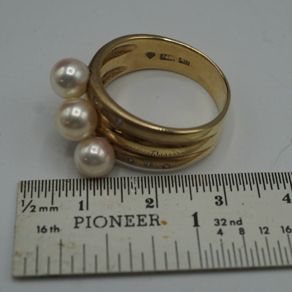 14K Yellow Gold Pearl & Diamond Band Ring Size 9.25 Vintage Estate - Picture 9 of 13